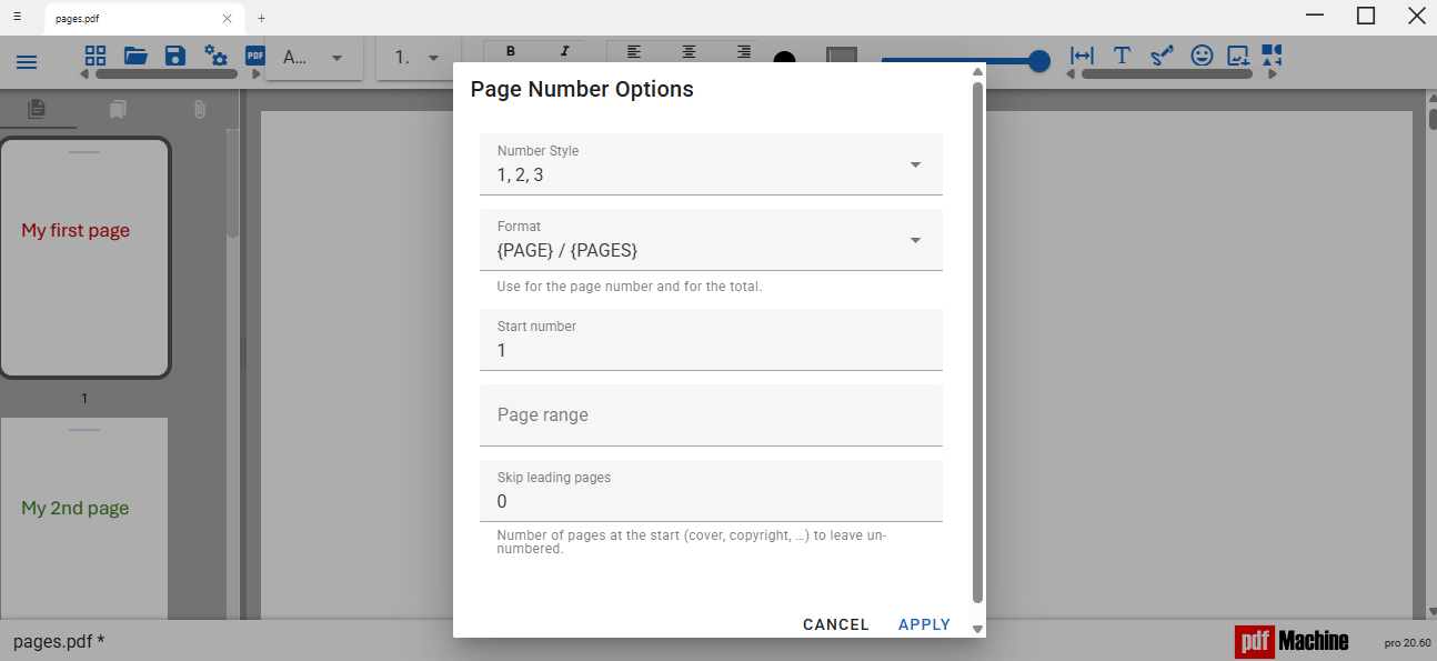 page number menu